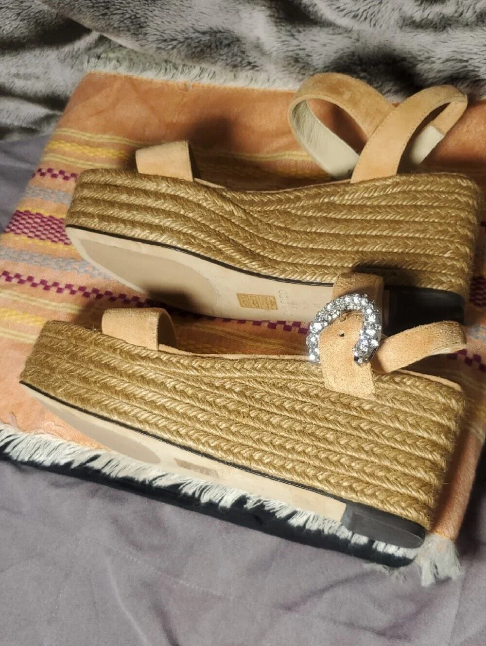 Jimmy Choo Suede Espadrille Wedge Sandals with Crystal Buckle Size 8